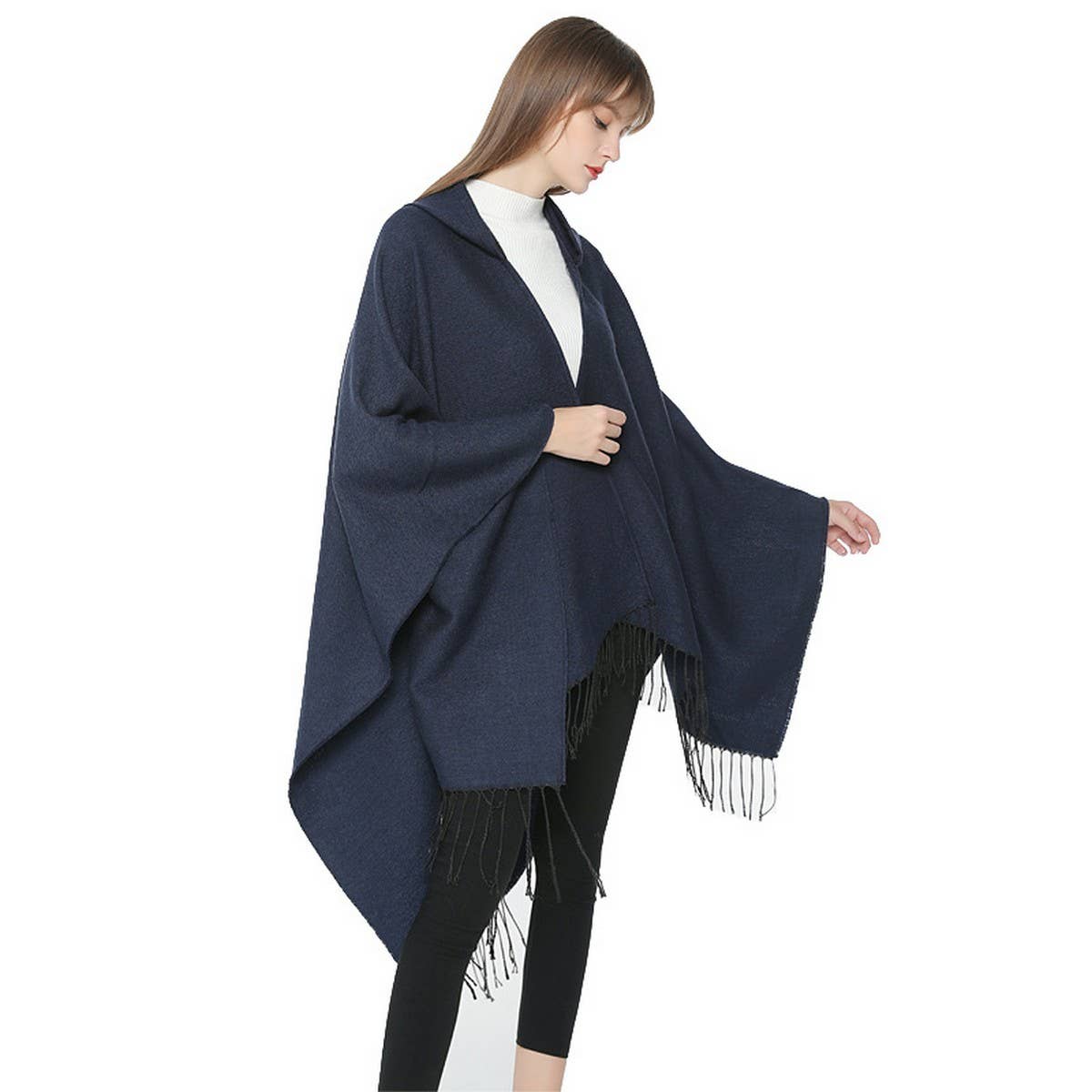 SOLID COLOR FRINGED HOODED BLANKET SHAWL CLOAK_CWASC0314