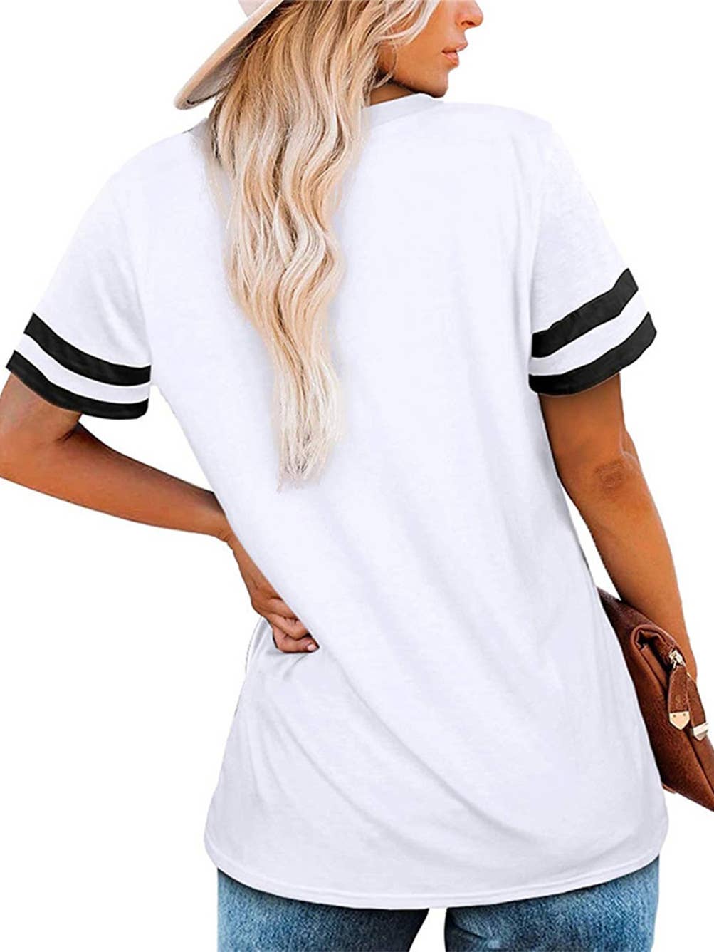 V-NECK SHORT SLEEVE COLOR MATCHING LOOSE TOP