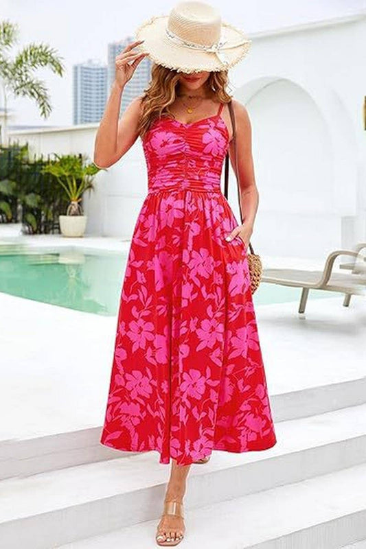 CWDHL1087_SPAGHETTI STRAP FLORAL PRINT TANK DRESS