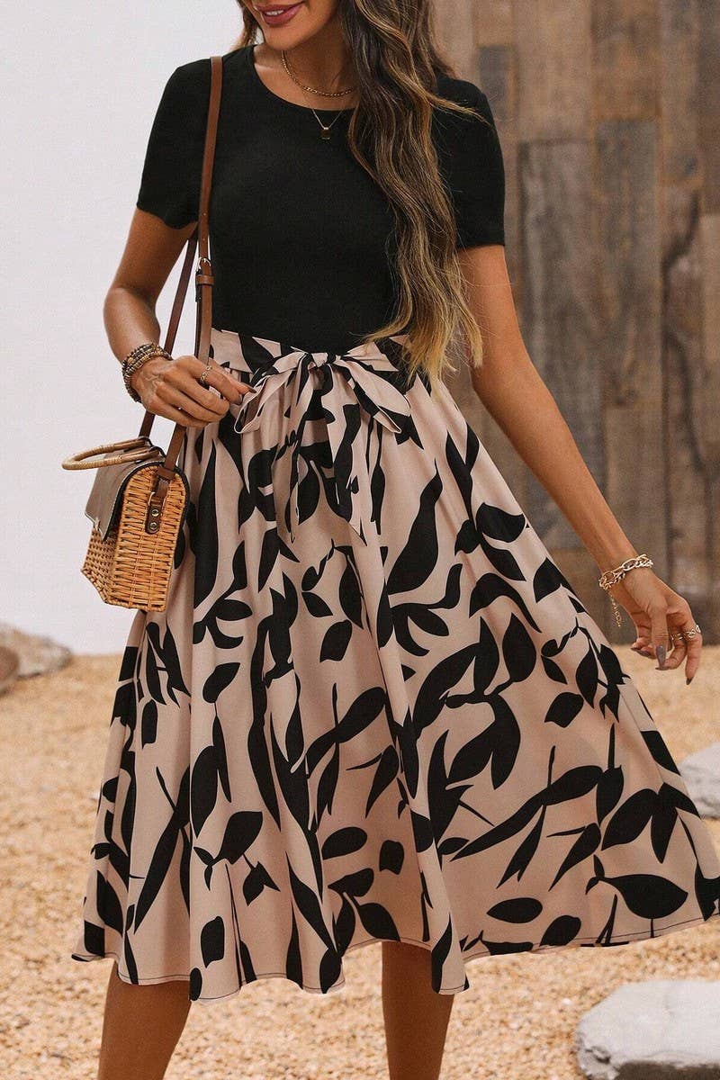 CWDMD4425_PRINTED PATCHWORK SHORT-SLEEVED DRESS