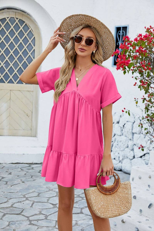 CWDSD3113_V Neck Tiered Short Sleeve Dress