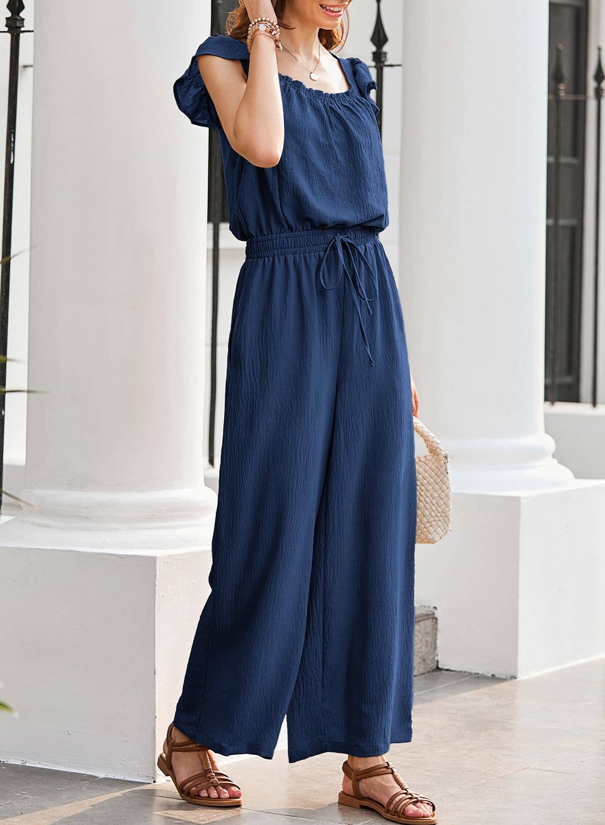 Women¡¯s ruched romper with ruffle sleeves