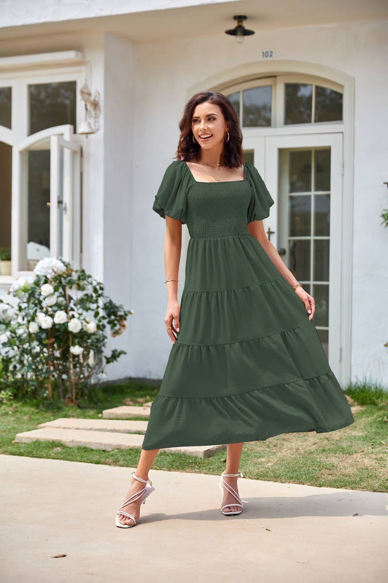 Square neck backless puffy sleeve pleated dress