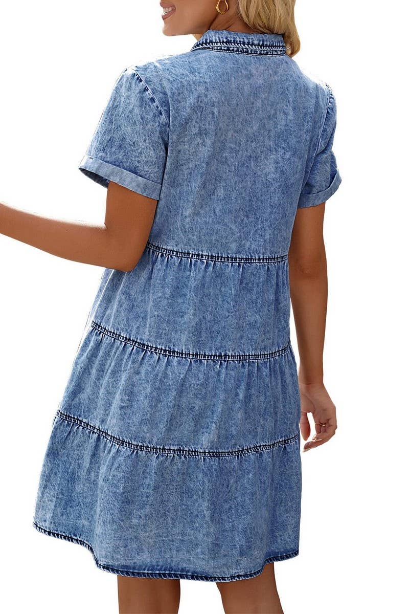 CWDSD5998_DENIM CASUAL SHORT-SLEEVED MIDI DRESS