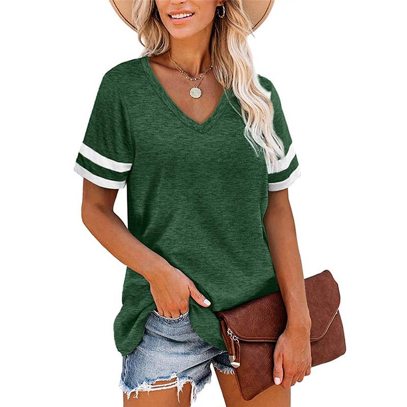 V-NECK SHORT SLEEVE COLOR MATCHING LOOSE TOP