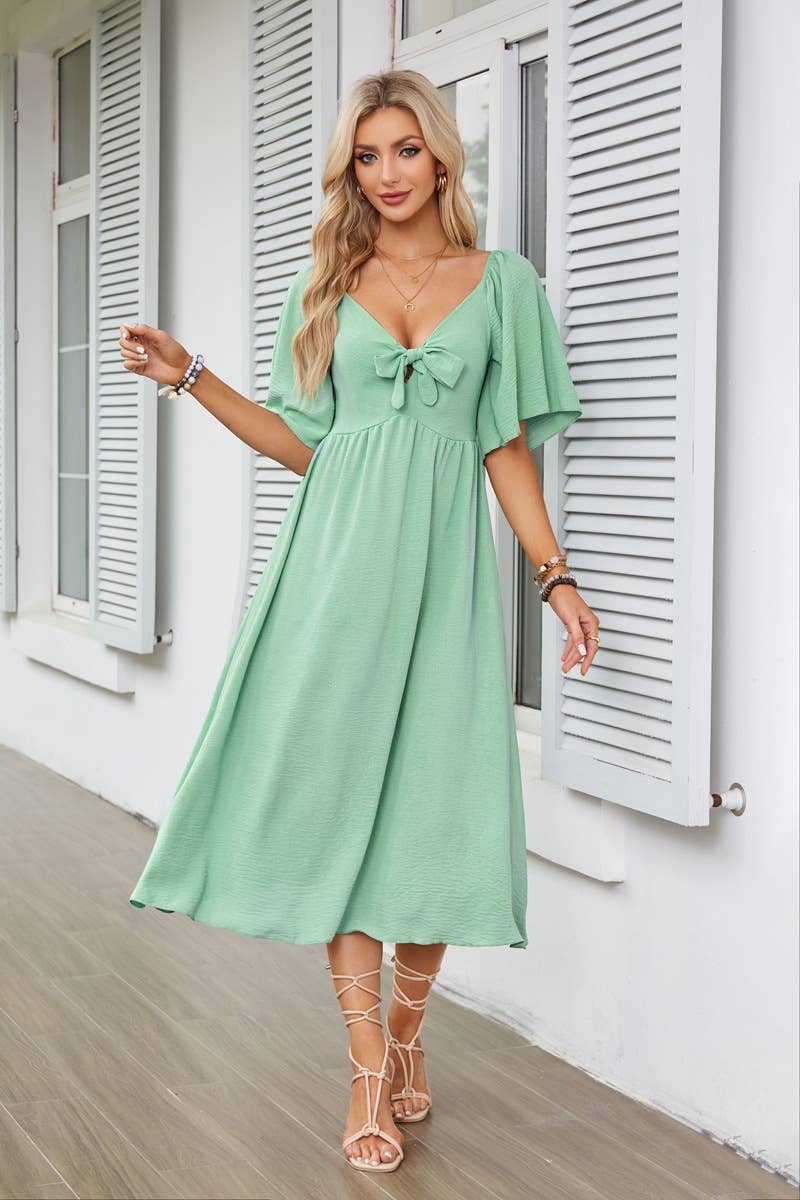 V-neck bow pleated mid-length short-sleeved dress