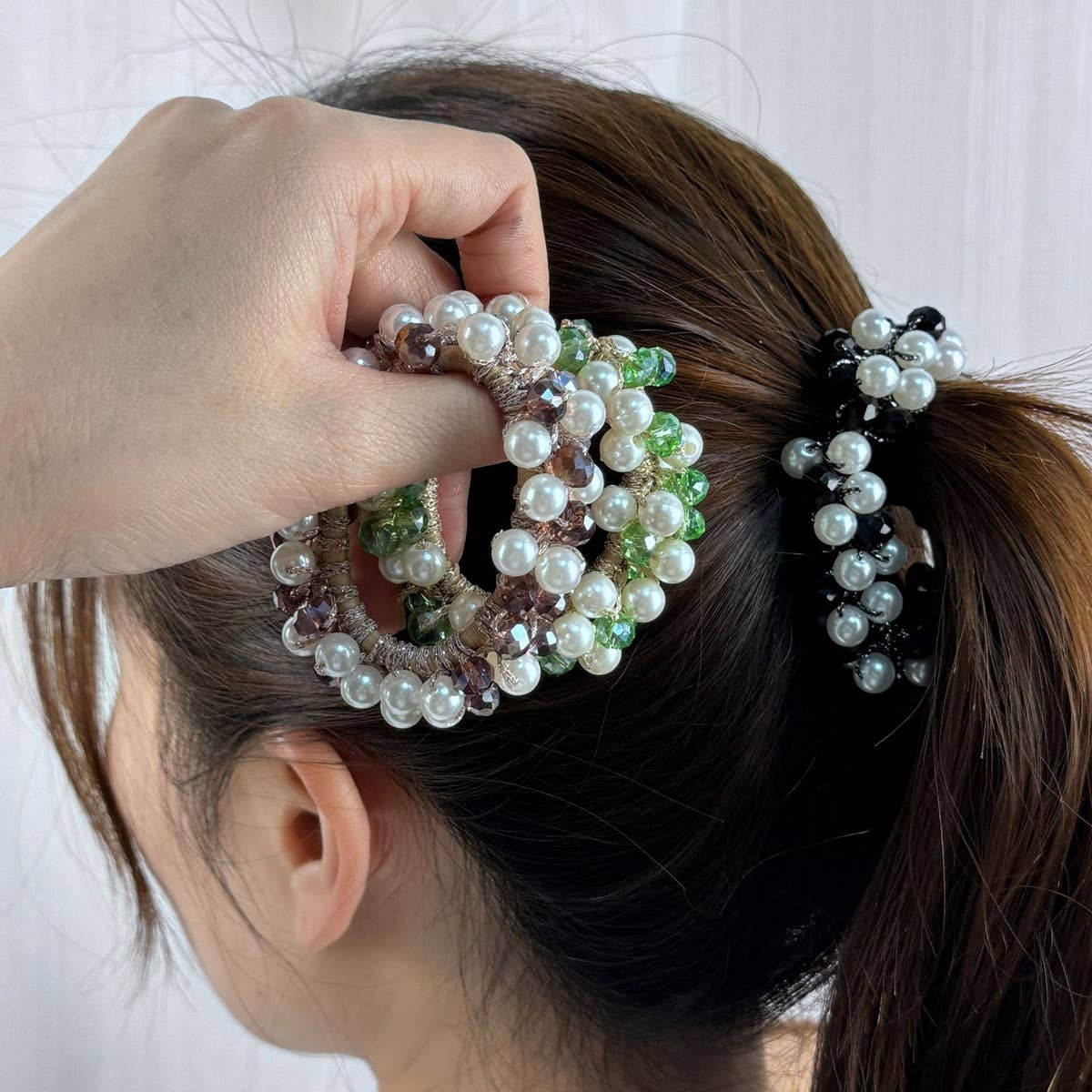 Fashion Pearl Crystal Hair Band Bun Ponytail Tie_CWAHA6768