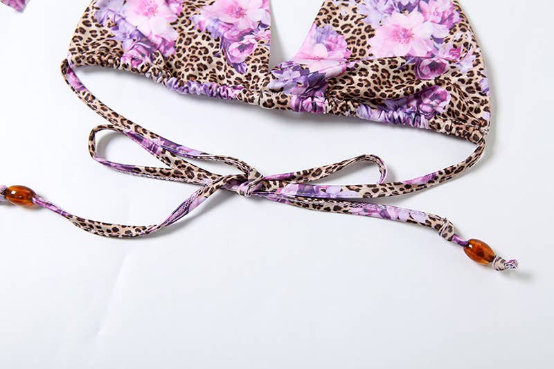 Leopard Floral Halter Tie Bikini Set