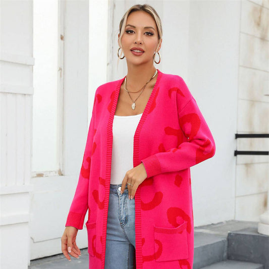 Leopard print jacquard long cardigan without button