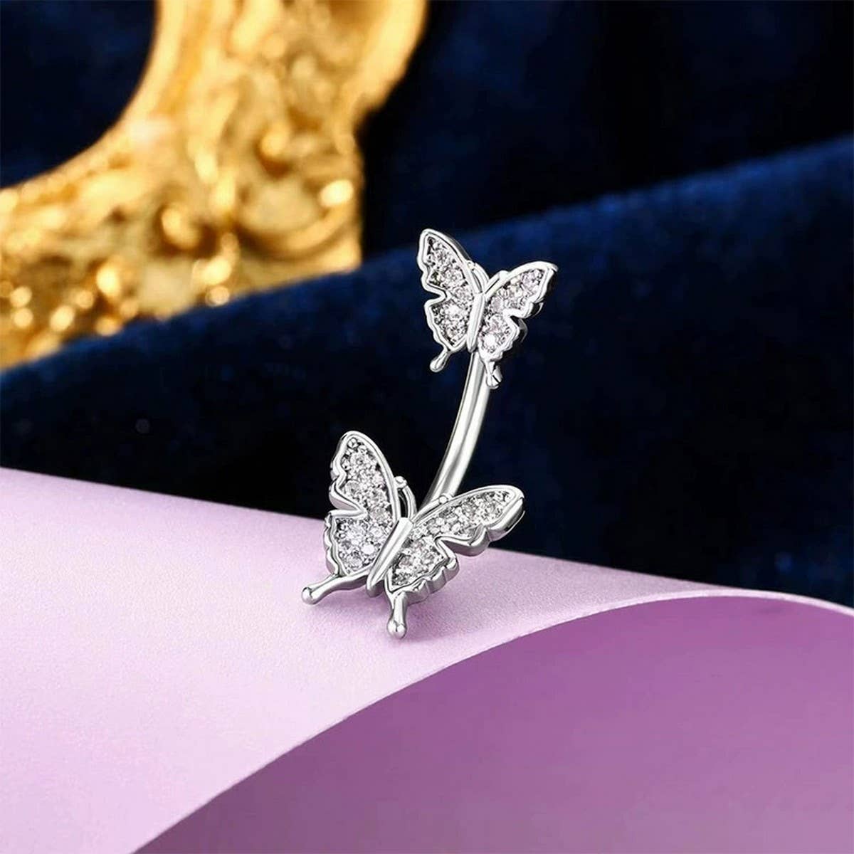 Double Butterfly CZ Belly Ring Hypoallergenic