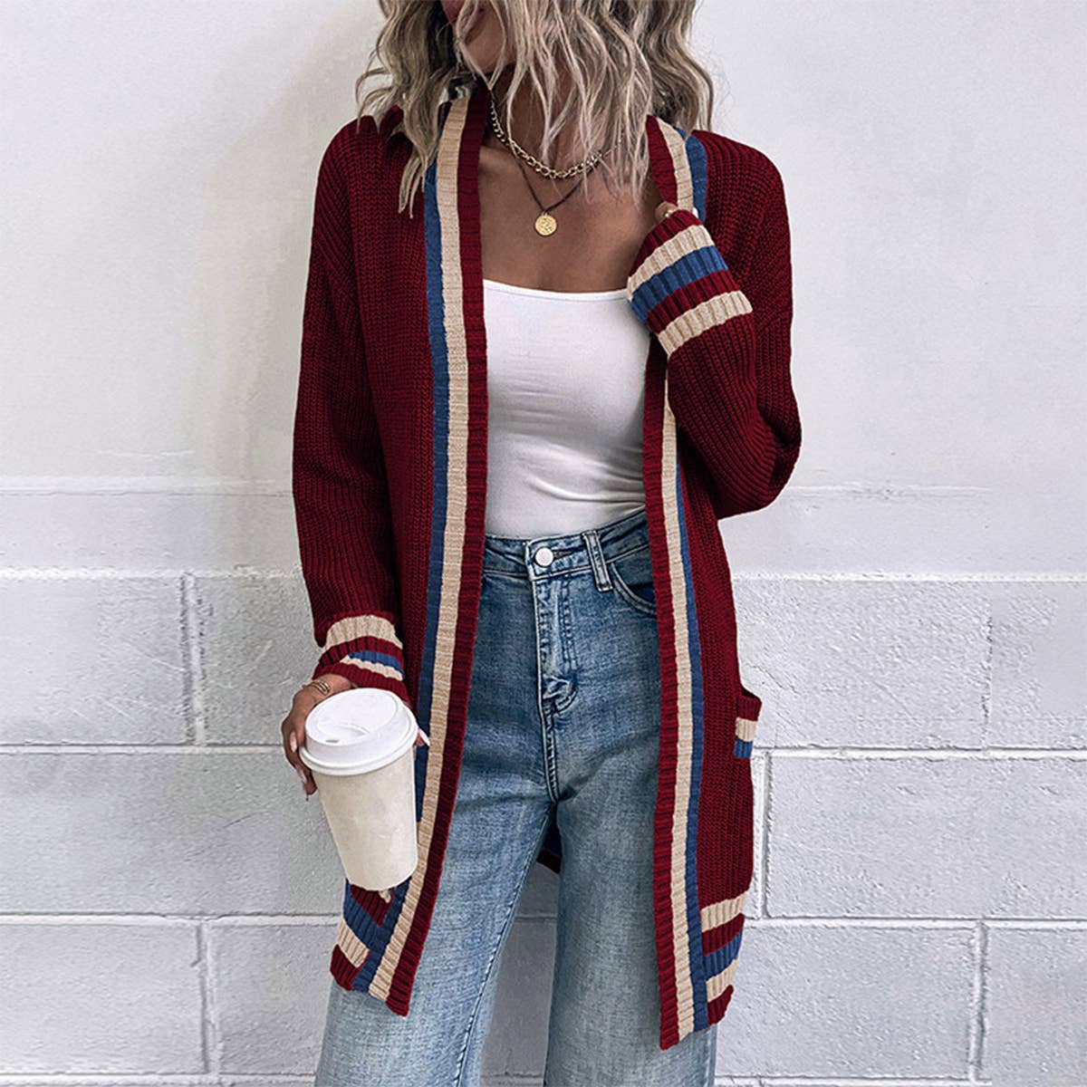 Striped pocket knit cardigan in contrasting colors