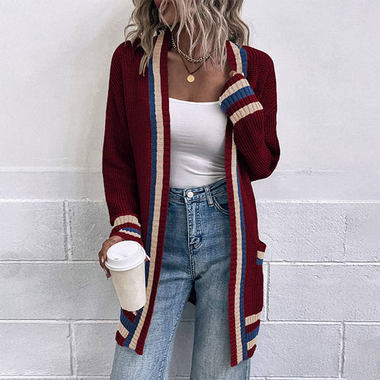 Striped pocket knit cardigan in contrasting colors