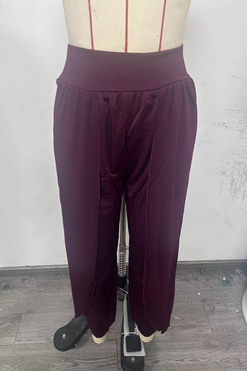 CWBLP1490_SOLID COLOR LOOSE HIGH WAIST HIGH SLIT TROUSERS