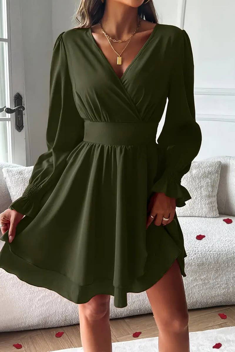 CWDSD8566_SOLID DOUBLE LAYER HEM V-NECK WAIST DRESS