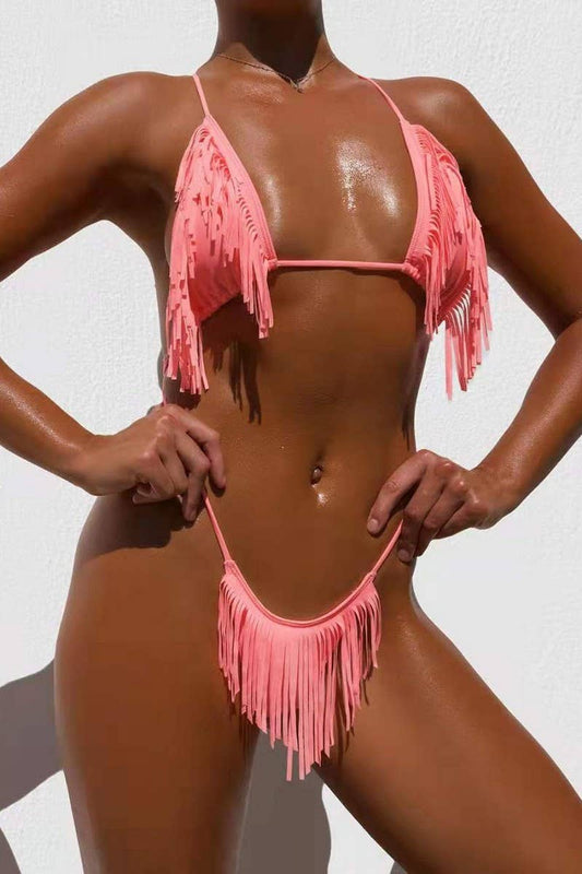 CWMW0848_SOLID COLOR TASSEL TIE ONE-PIECE SEXY SWIMSUIT