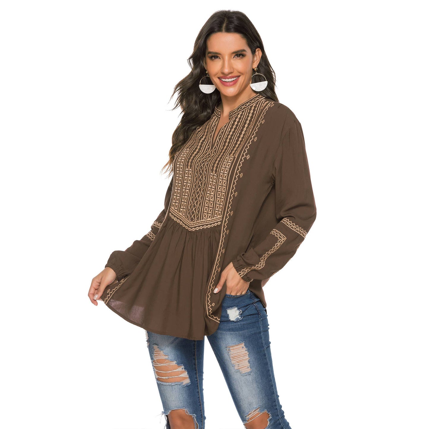 Ethnic style long-sleeved heart-neck top