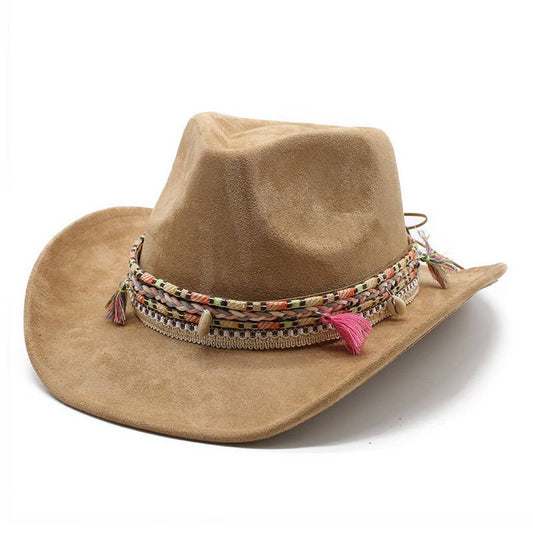 Bohemian Suede Western Cowboy Curled Brim Fedora_CWAH1094