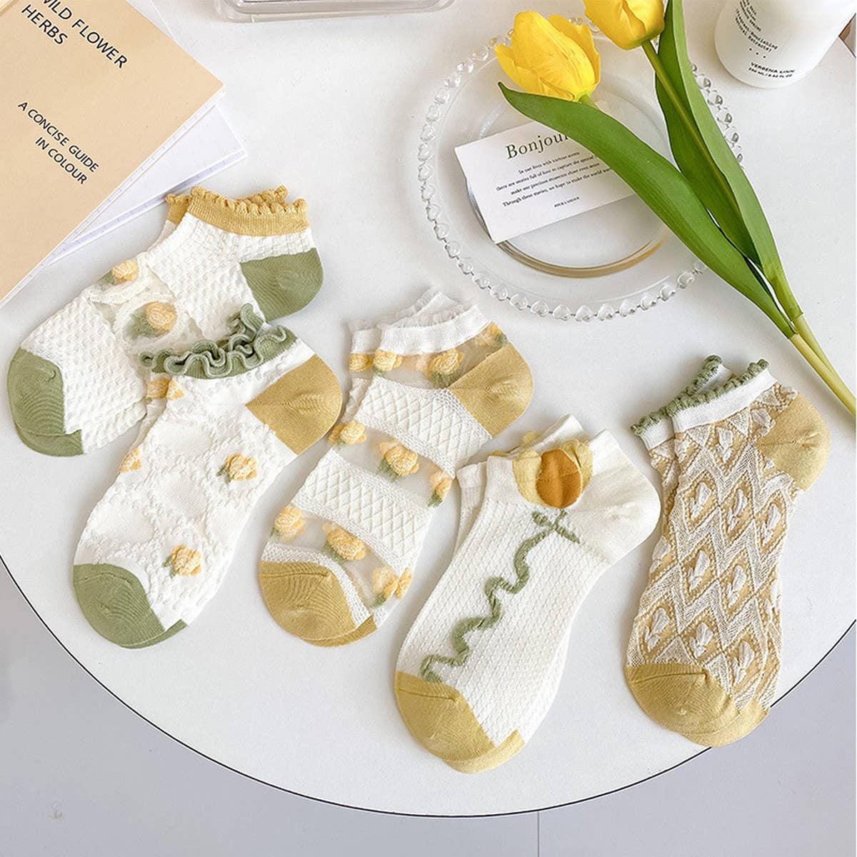 SUMMER GLASS SILK CARTOON FLOWER BOAT SOCKS_CWMS0531