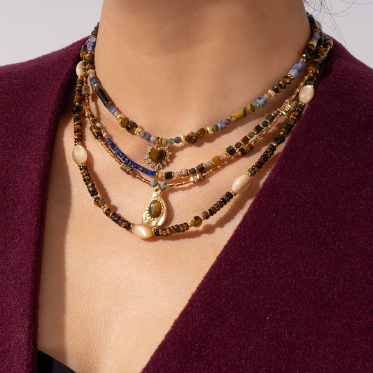 Tiger Eye Heart Pendant Beaded Necklace