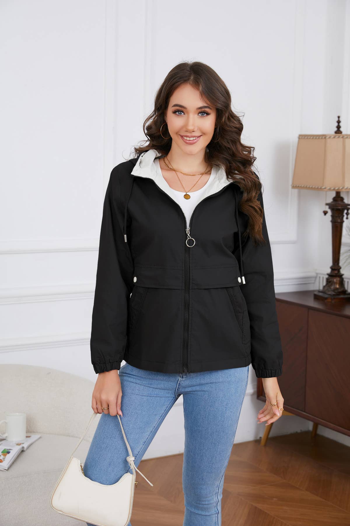 HOODED SOLID COLOR LONG SLEEVE TRENCH COAT