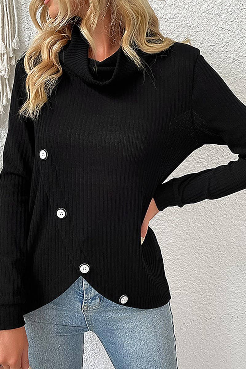 WOMEN SOLID COLOR BUTTON UP TURTLENECK SWEATER_CWOSWL1508