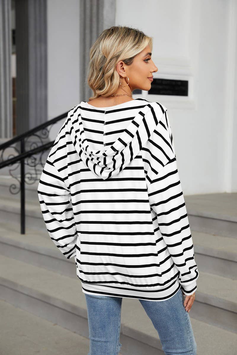 CWOHOL0718_DRAWSTRING HOODED STRIPED LONG SLEEVE SWEATSHIRT