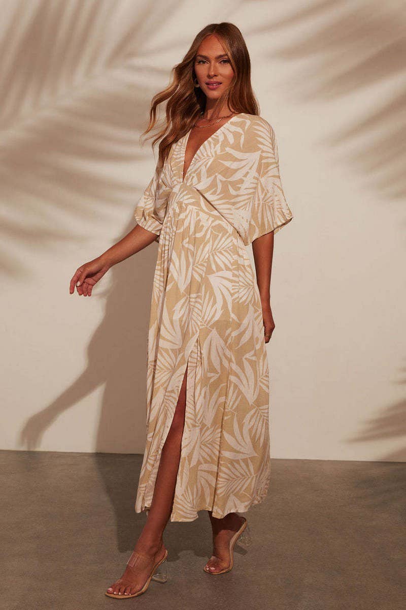 CWDMD5517_FLORAL V NECK SHORT SLEEVE MAXI DRESS