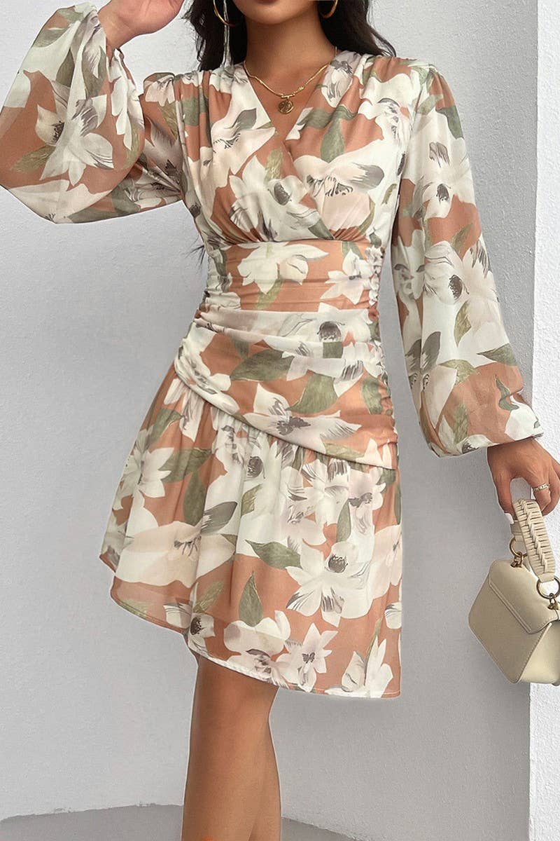 CWDSD6495_V-NECK PRINTED WAIST LONG-SLEEVED DRESS