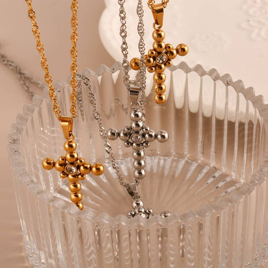 Minimalist Steel Bead Cross Necklace with Zircon