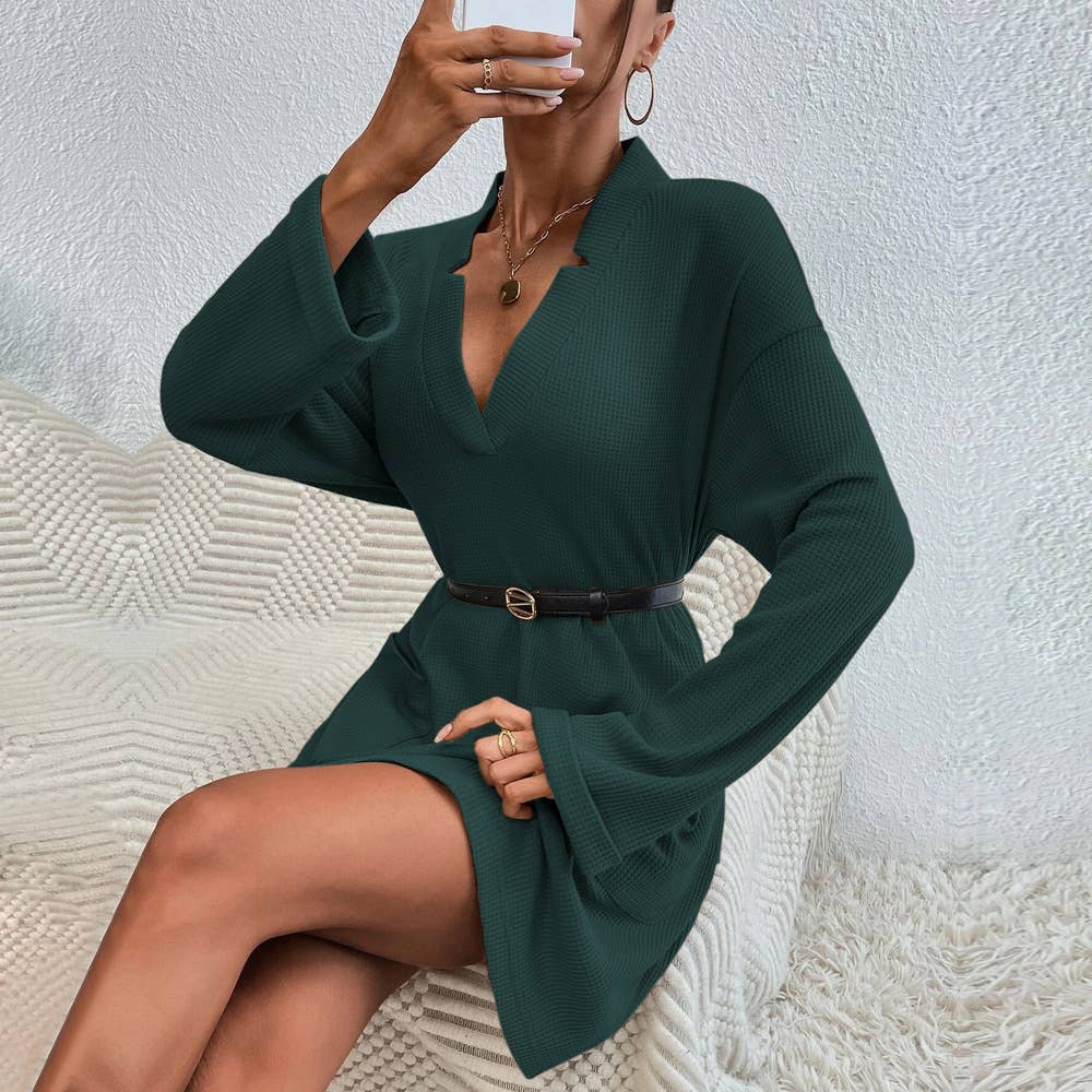 LOOSE CASUAL SEXY V-NECK POCKET LONG SLEEVE DRESS