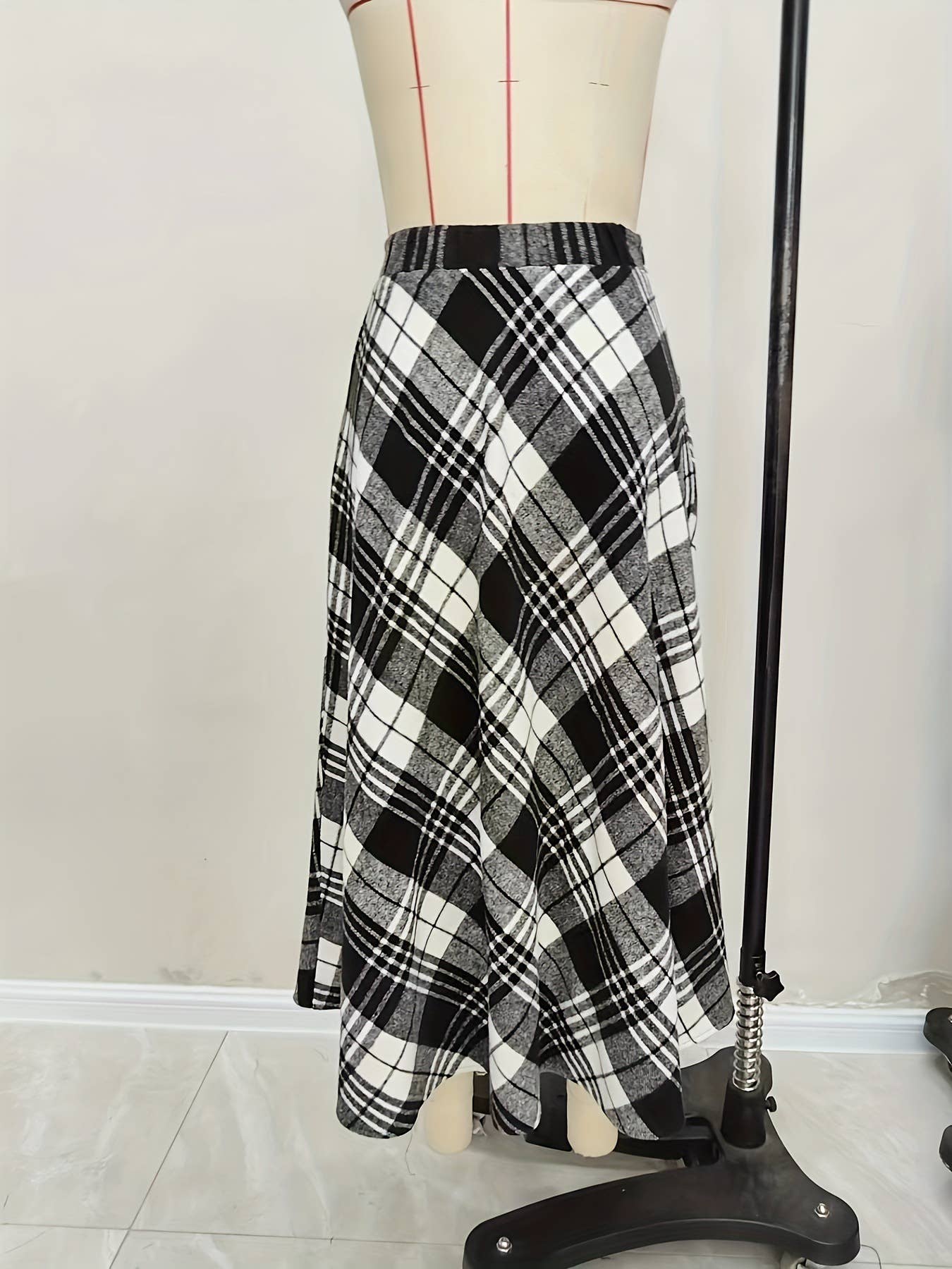 Plaid woolen cloth large pockets long skirts