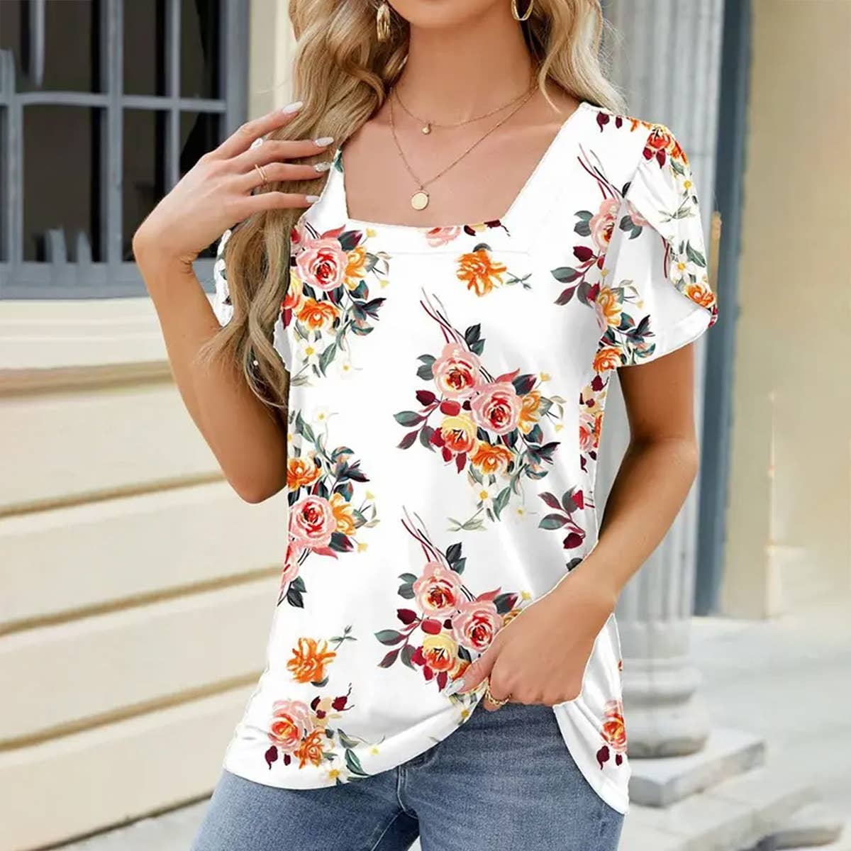 STYLISH SQUARE COLLAR PETAL SLEEVE PRINTED SHIRT_CWTSTS0344