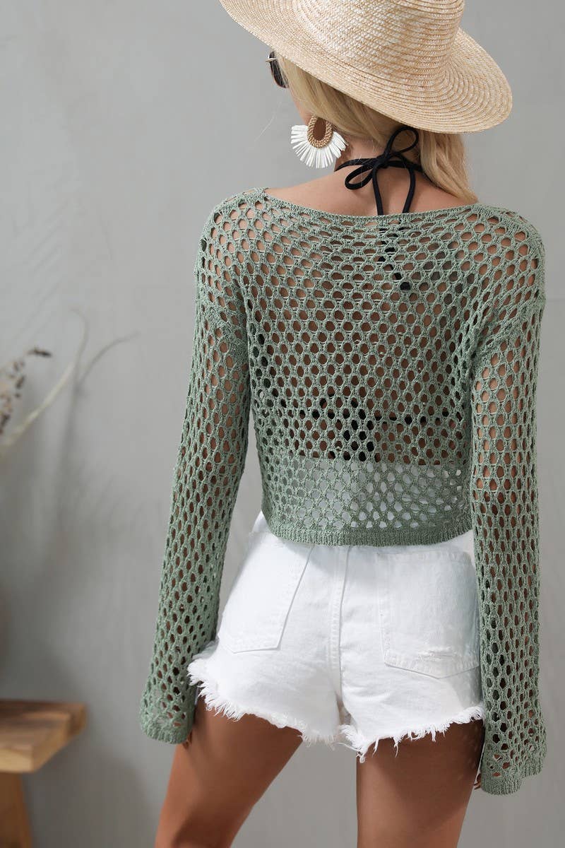 CWTSTL1025_Mesh crochet long-sleeved Cover Ups