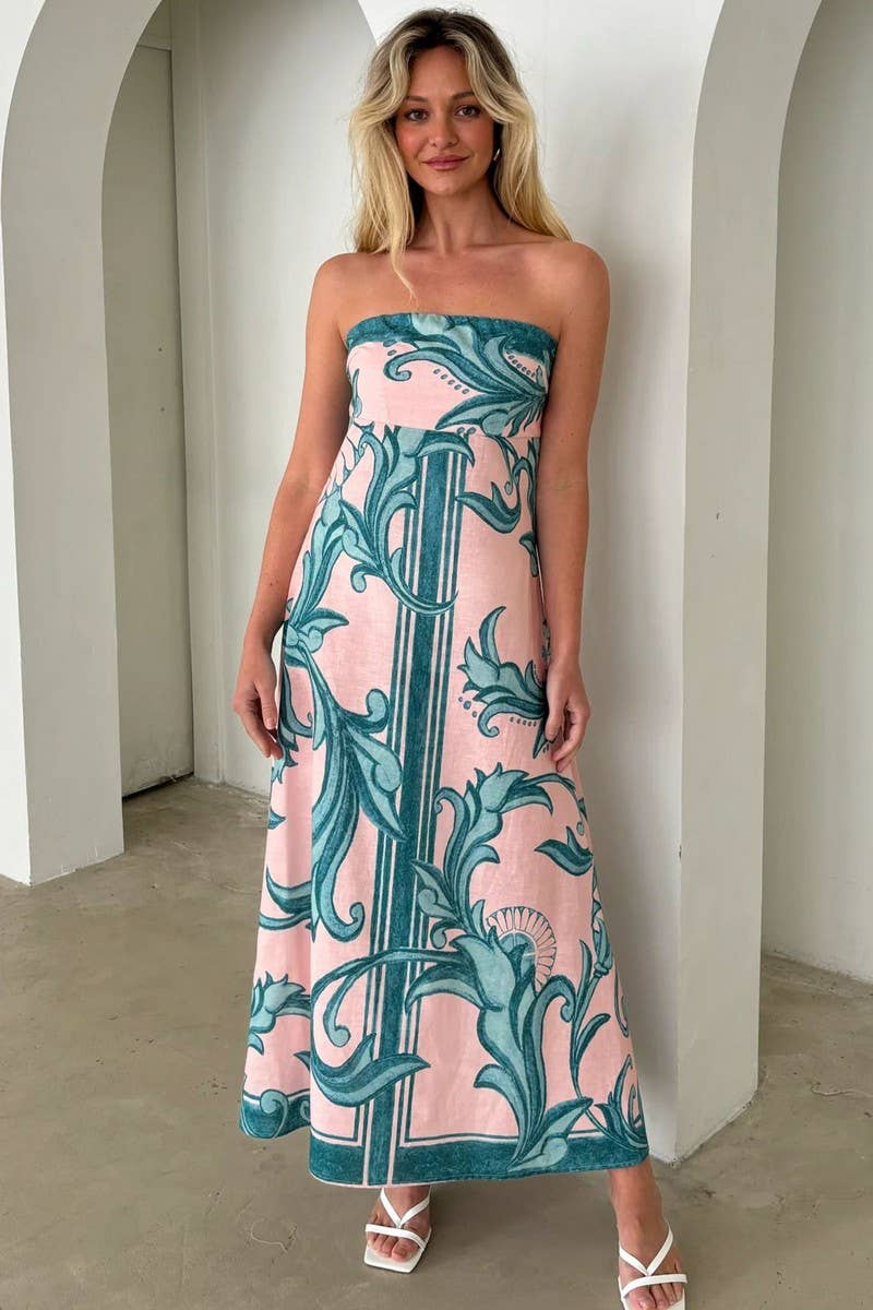 CWDMD5536_SUMMER PRINTED FIT STRAPLESS TUBE DRESS