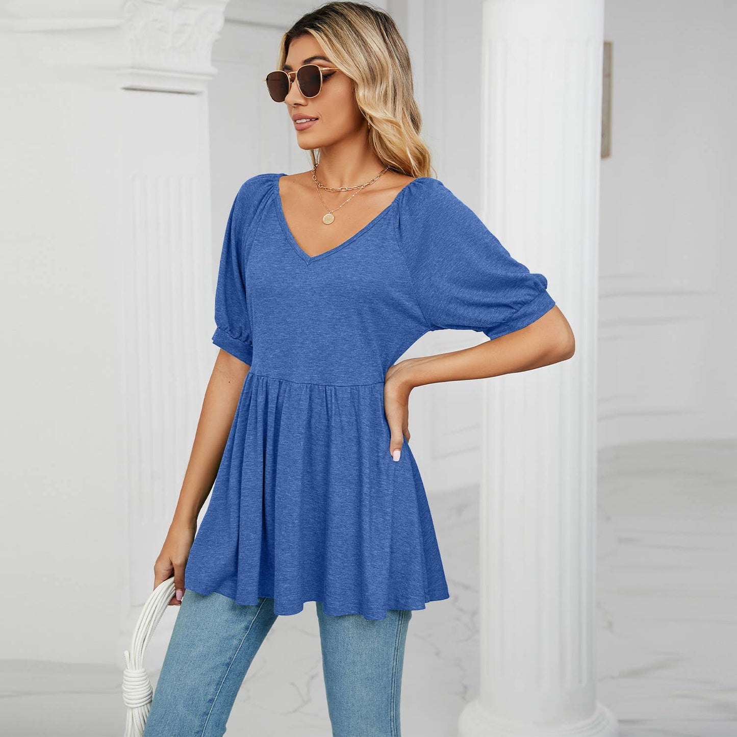 V-NECK BUBBLE SHORT SLEEVE T-SHIRT TUNIC