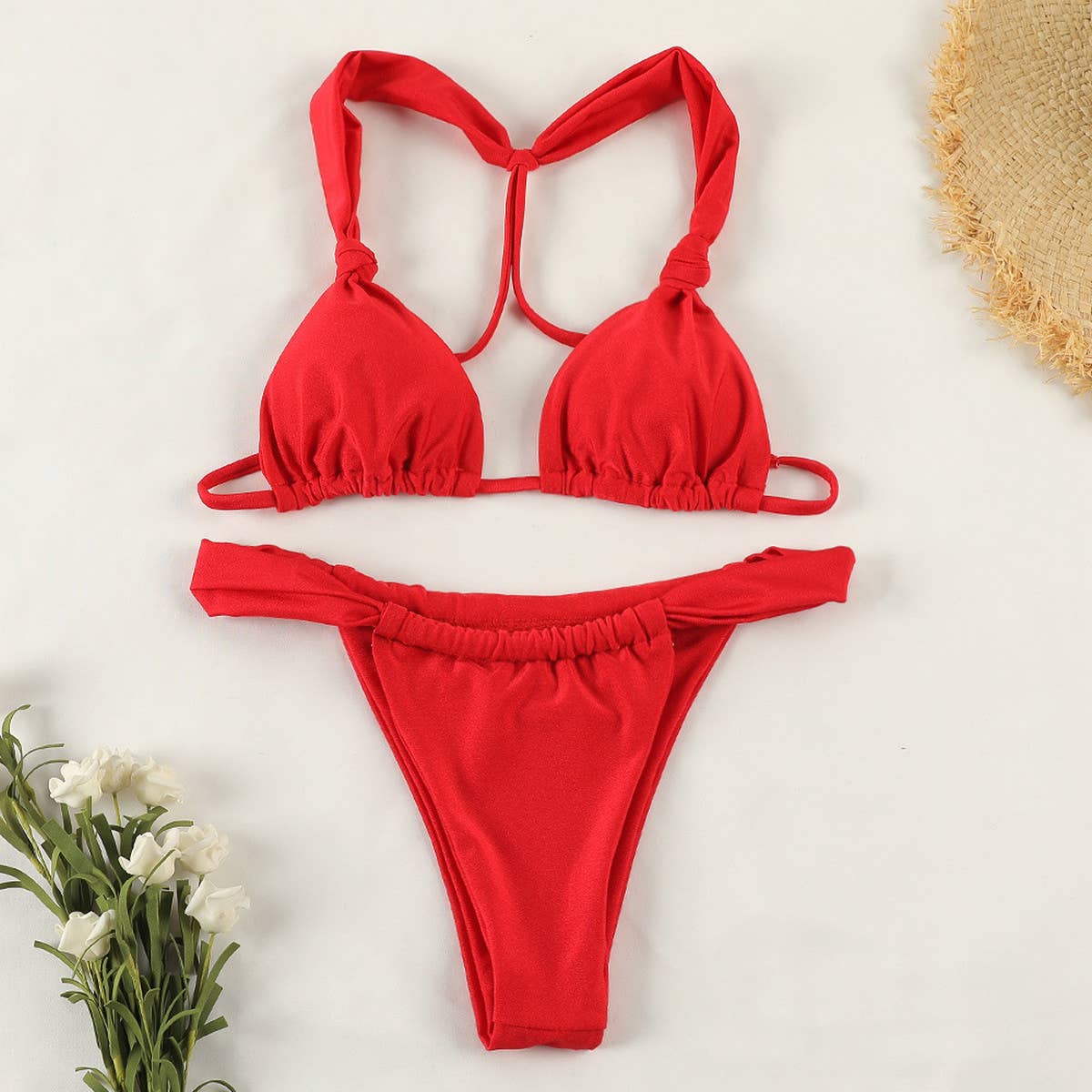 Solid Color Knotted Bikini - Sexy Backless Swimwear_CWMW0260