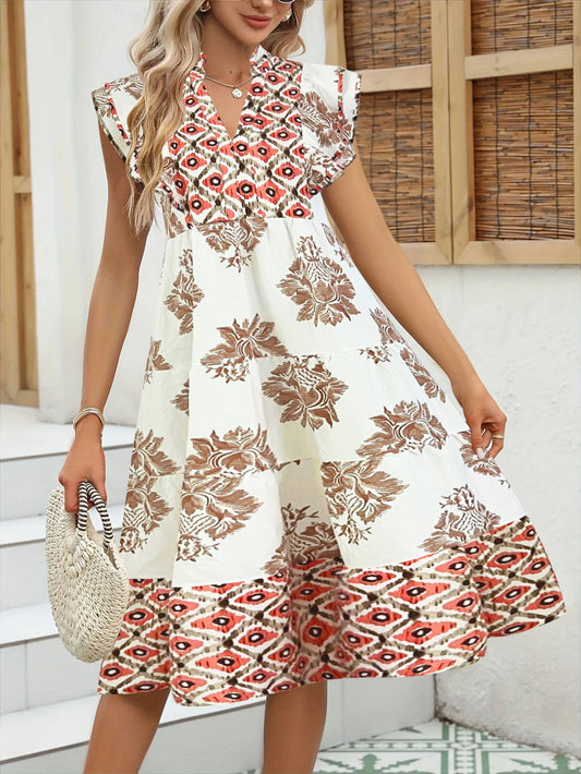 Elegant stylish printed long cinched-waist dress