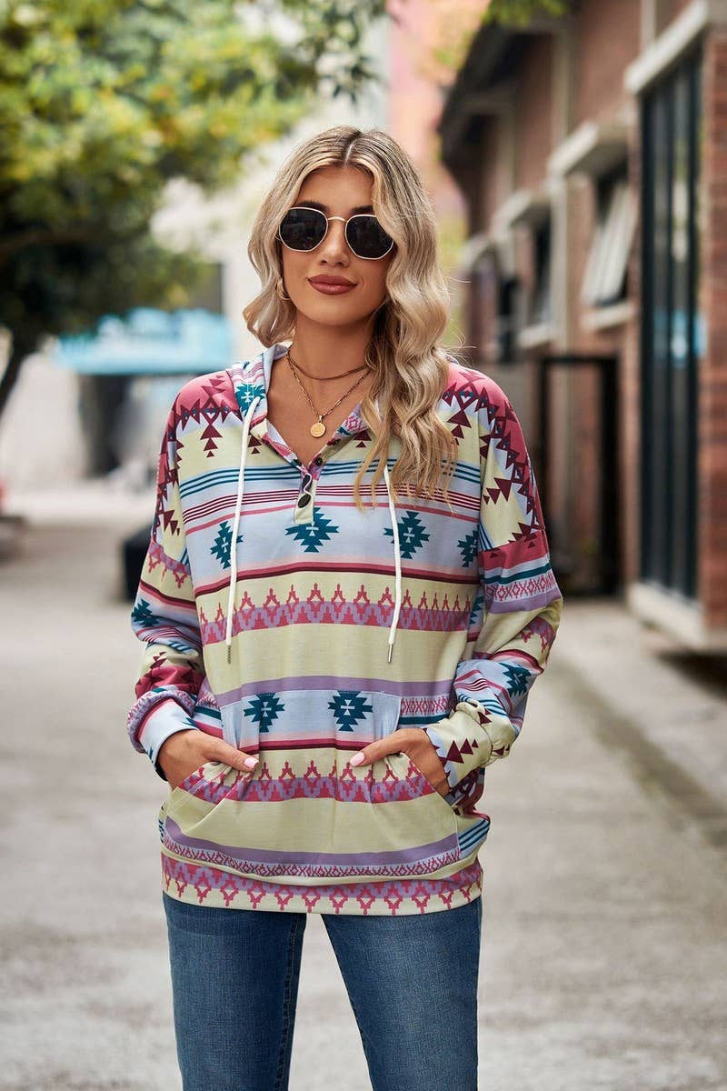 WOMEN AZTEC PRINTING DRAWSTRING WESTERN HOODIE_CWOHOL0177