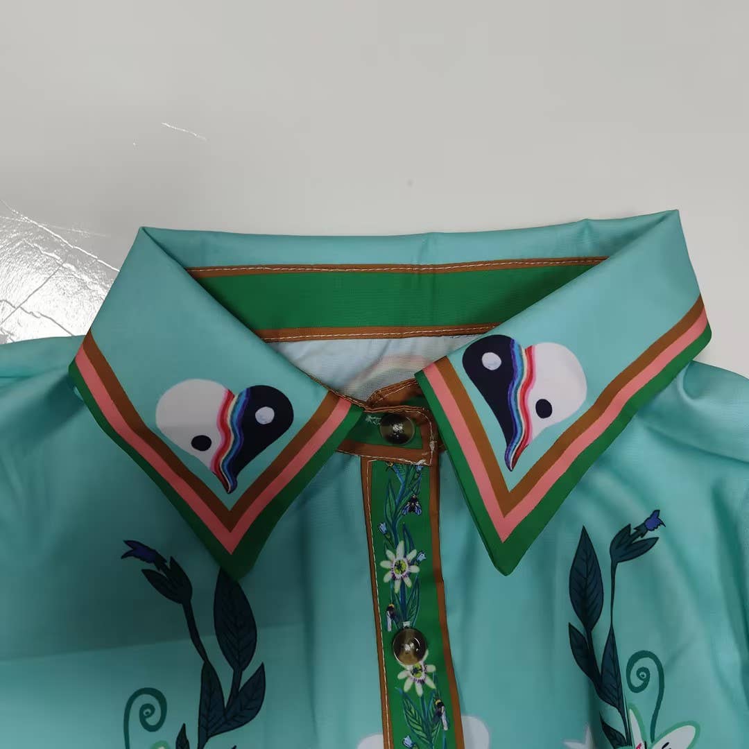 Lantern sleeve print lapel waist swing dress