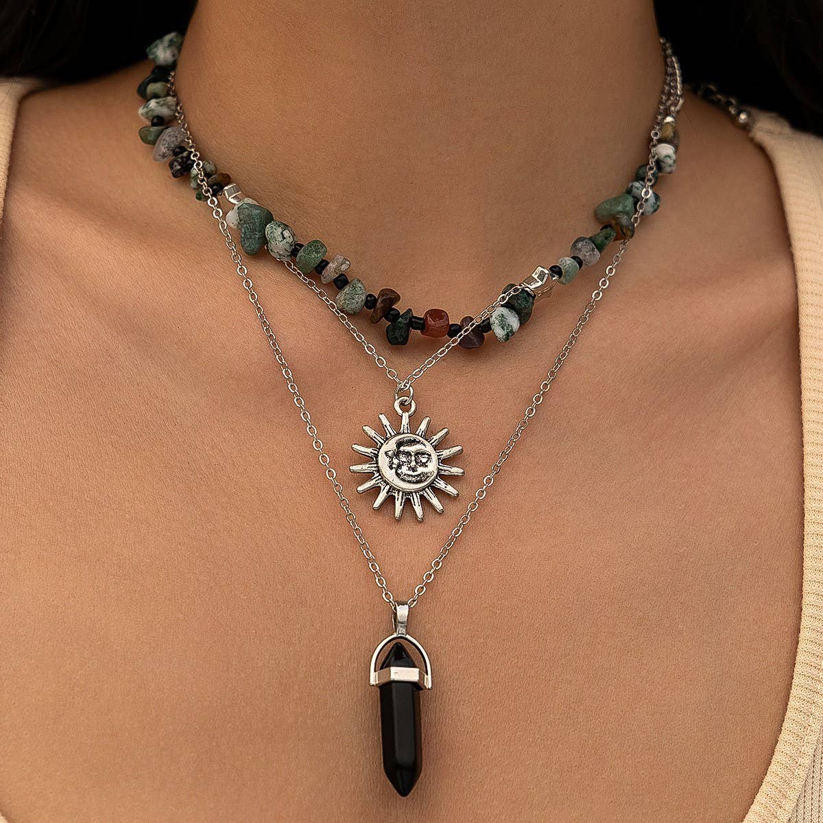 STACKED FLORAL TASSEL GRAVEL BEADED NECKLACE_CWAJE1816