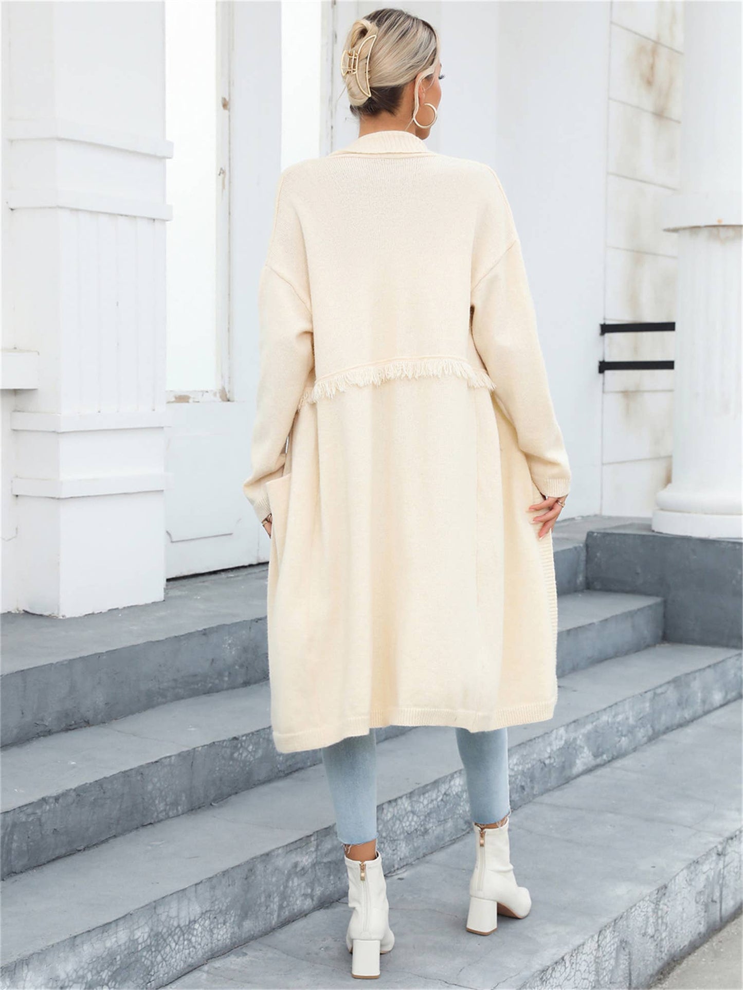LONG CARDIGAN POCKET STYLE FRINGE COAT SWEATER