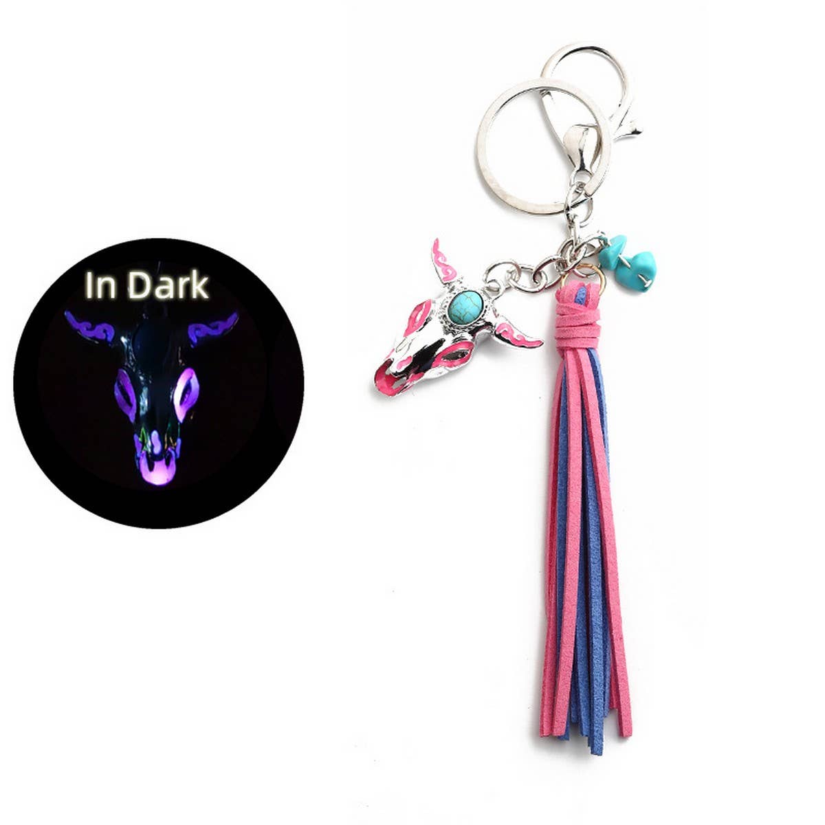 Retro Western Skull Keychain with Glow Bull Head_CWAB5092