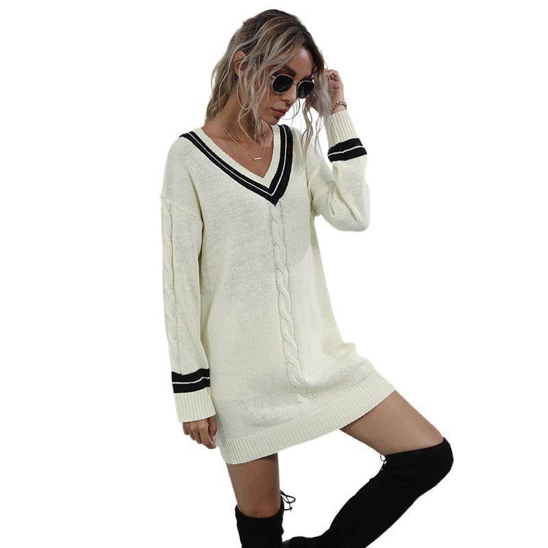 STYLE PULLOVER V-NECK MID-LENGTH SWEATER DRESS