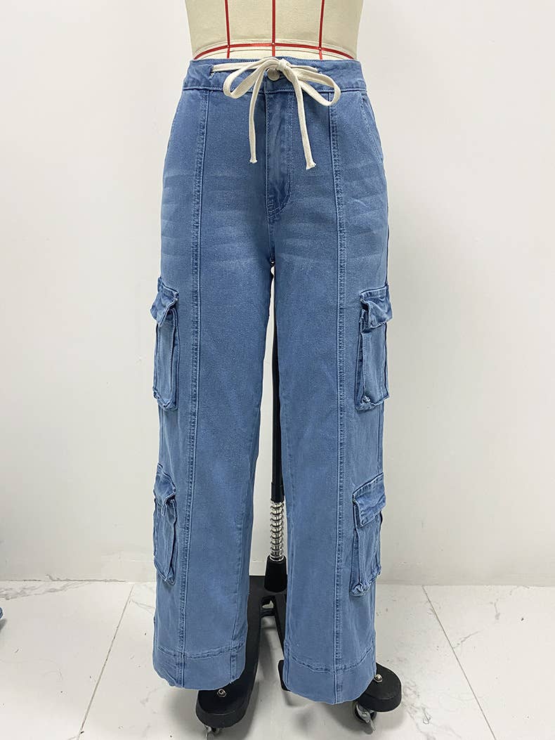 WASHED CARGO MULTI-POCKET WIDE-LEG LACE-UP JEANS