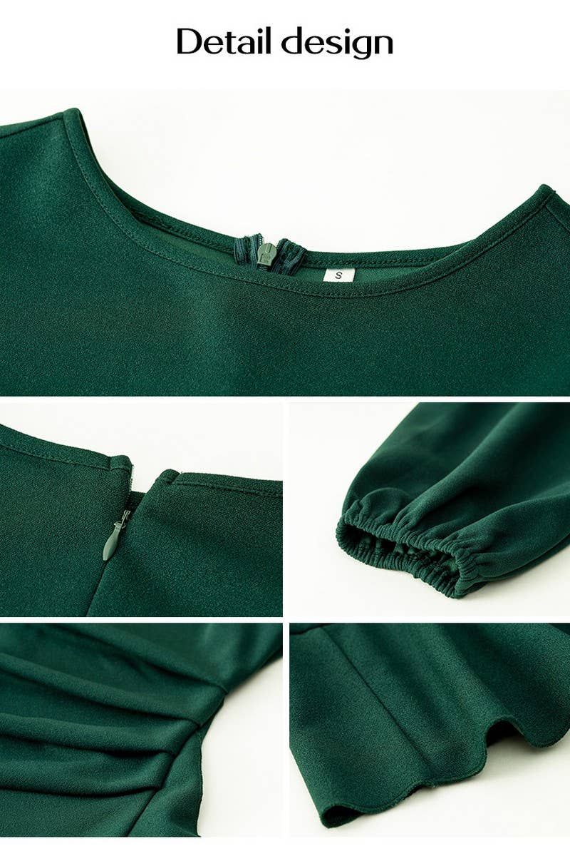 CWDSD6489_ROUND NECK SHIRRED PUFF SLEEVE SOLID DRESS