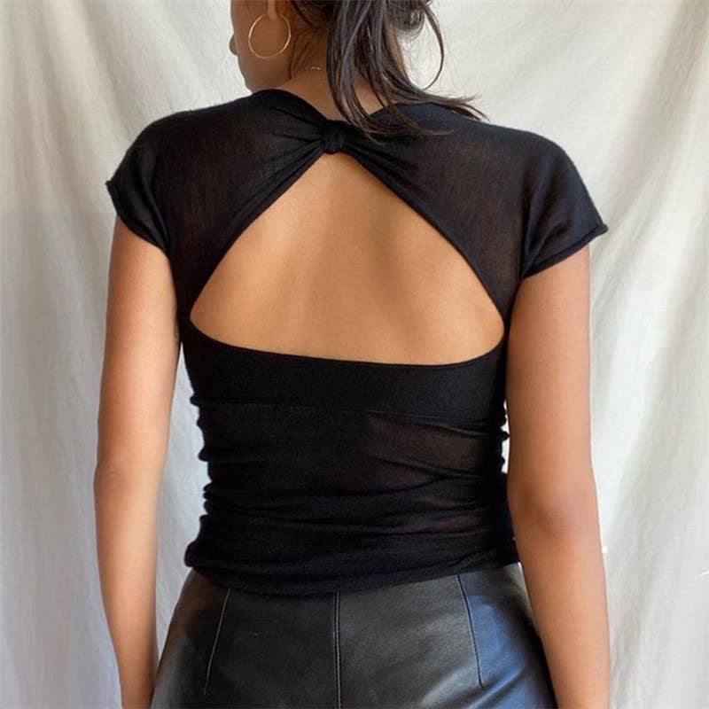 Sexy V-Neck Backless Solid Color Slim Fit T-Shirt