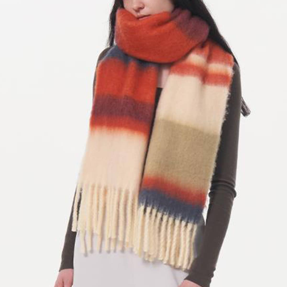 WOMEN CONTRASTING STRIPED FRINGED PLAID SCARF