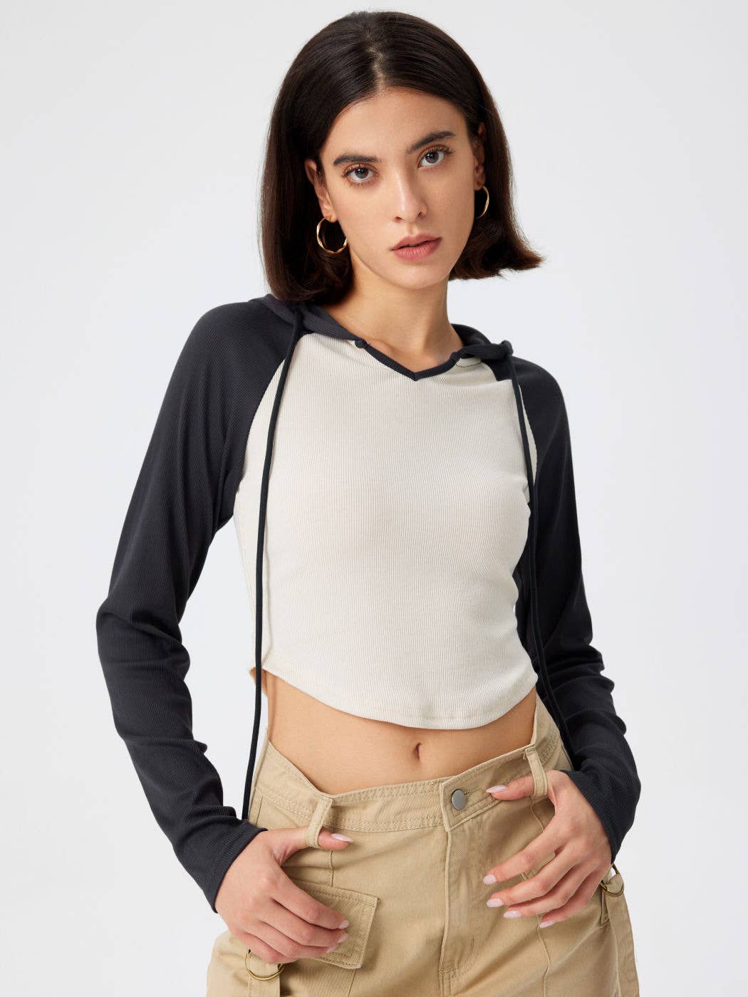 HOODED PATCHWORK COLOR IRREGULAR SLIM-FIT T-SHIRT