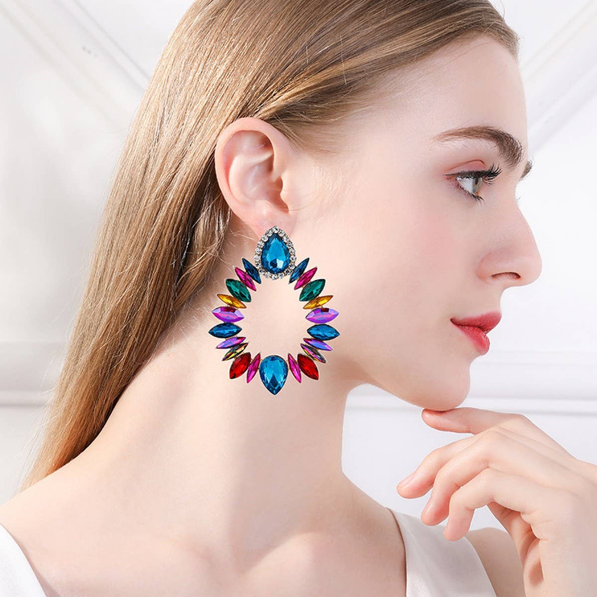 COLORFUL CRYSTAL GEOMETRIC DROP STUD EARRINGS