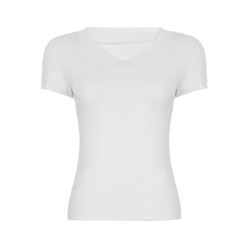 Sexy solid color V-neck short-sleeved base shirt